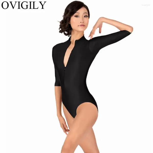 Sahne Giyim Ovigily Women's Front Zip 3/4 Uzun Kollu Tek Tekerleği Jimnastik Kızlar Siyah Dans Şavkarları Bodysuits Spandex Buttleneck