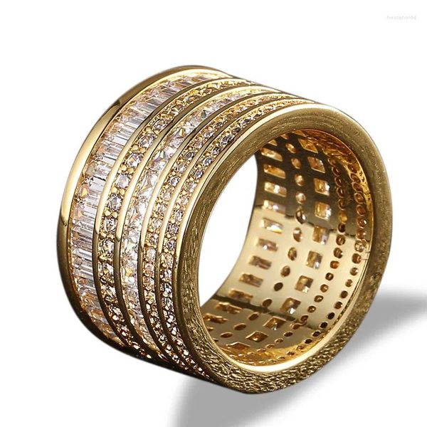 Cluster-Ringe Hip Hop 5 Reihen CZ Stein gepflastert Bling Eis aus geometrischen runden Finger für Männer Rapper Schmuck Gold Silber Farbe