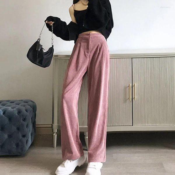 Frauen Hosen Rimocy 2024 Rosa Cord Für Frauen Herbst Winter Gerade Hohe Taille Hose Frau Beiläufige Breite Bein Büro Damen