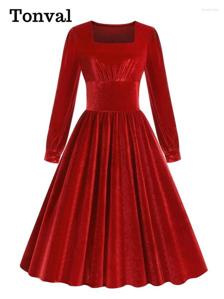 Abiti casual Tonval collo quadrato vita alta velluto solido rosso inverno abito natalizio donna sera elegante pieghettato lungo vintage