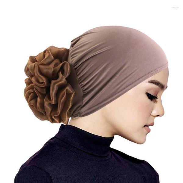 Roupas étnicas Mulheres Hijabs Grande Flor Turbante Hairwrap Elástico Pano Faixas de Cabelo Chapéu Beanie Senhoras Muçulmanas Perda Sólida Lenço Cap Headpiece