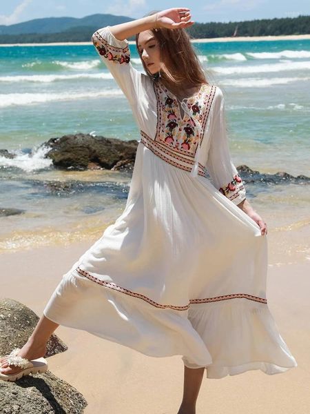 Vestidos casuais khalee yose boho retro floral bordado vestido verão branco algodão manga longa mulheres vocação senhoras praia vestidos