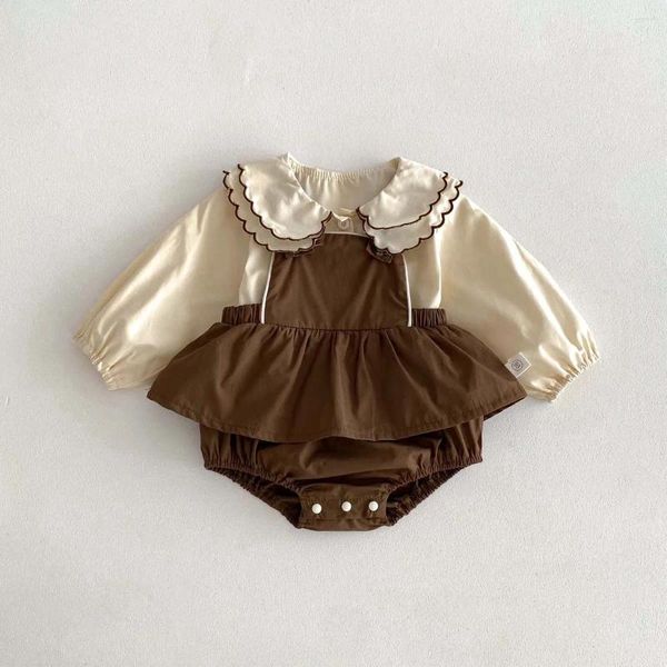 Kleidungssets 2024 Frühlingsmode Kinder Hosenträger Bodysuit Set Mädchen Baby Revers Hemd Solide Onesie Kleid 2 Stück Säuglingsbaumwollblusen Anzug
