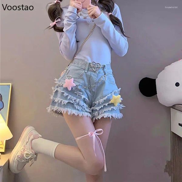 Damen Shorts Sweet Lolita Style Denim Mädchen Sommer Japanisch Harajuku Punk Hohe Taille Kurze Hosen Frauen Casual Tiered Quasten Jeans