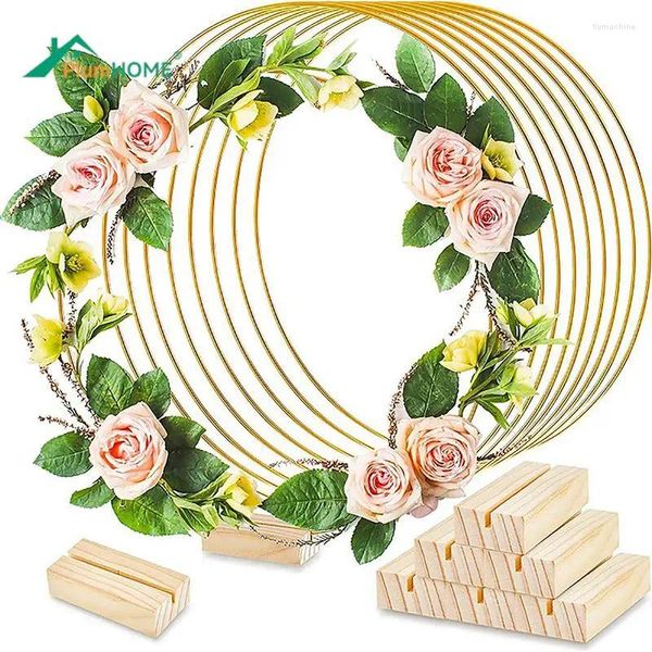 Decorazione per feste Cerchio per anelli floreali in metallo dorato con base in legno per centrotavola per tavolo da matrimonio, ghirlanda di fiori artificiali, ghirlanda fai da te