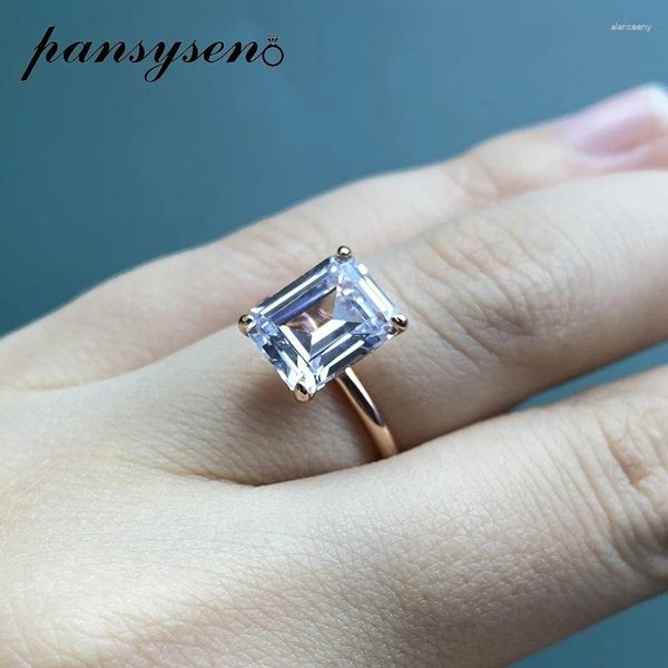 Anéis de cluster Pansysen 925 prata esterlina esmeralda corte alto carbono diamante gemstone anel de banda de casamento rosa cor de ouro jóias finas