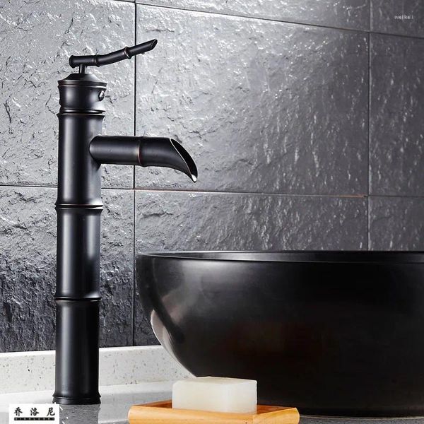 Rubinetti per lavabo da bagno Rame Europeo Bronzo Nero Semplice Rubinetto per lavabo da banco Rubinetto per acqua in bambù lungo retrò