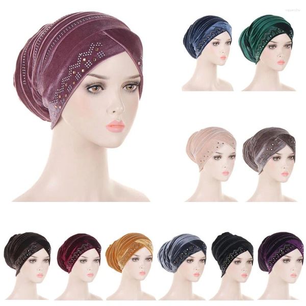 Abbigliamento etnico Donne musulmane Velluto Diamanti Foulard Pieghettato Chemio Cap Turbante Hijab africano Cappello Avvolgere la testa Sciarpa Cofano Perdita di capelli Copricapo