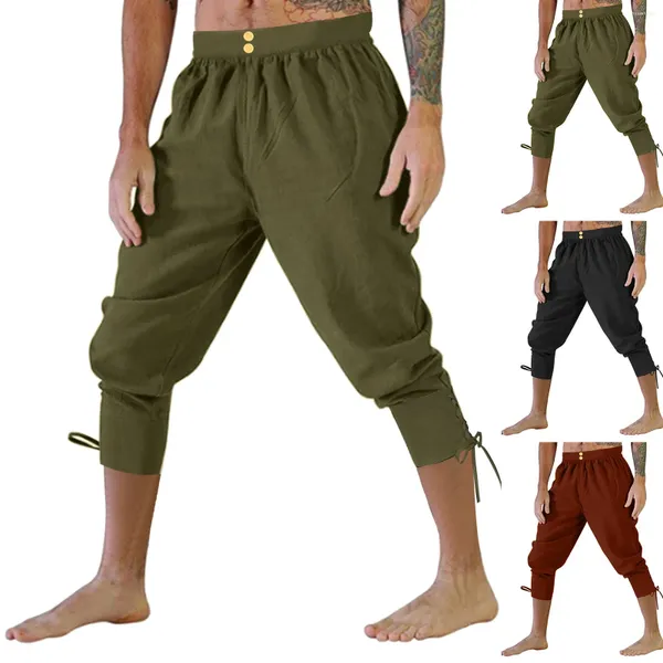 Calças masculinas adultos homens pirata medieval linho cavaleiro cavaleiro traje solto leggings viking preto navegador perna bandagem calças s2024