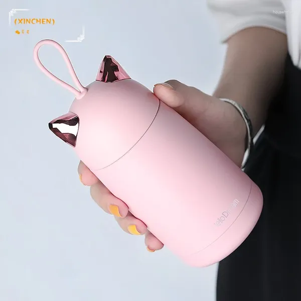 Su Şişeleri 350ml Sevimli Kedi Paslanmaz Çelik Vakum Şişesi Karikatür Taşınabilir Çocuklar Termos Kupa Halat Seyahat Termal Şişe Tumbler