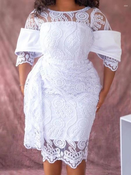 Freizeitkleider Weiße Spitze für Frauen Vintage Rundhalsausschnitt Stickerei Tunika Paket Hüfte Retro Elegantes Midikleid Urlaub Party Hochzeitskleider