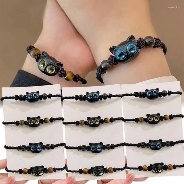 Braccialetti con ciondoli 2 pezzi simpatico braccialetto fatto a mano ciondolo gatto nero per donne uomini coppia amante della moda gioielli regali regolabili