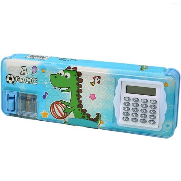 Apontador prático para adolescentes, presente de aniversário, meninas, meninos, crianças, estojo de lápis, papelaria, multifuncional, padrão de dinossauro com calculadora