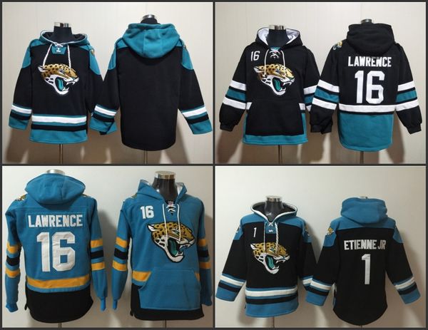 Jacksonville''Jaguars''Men #1 Travis Etienne Jr. 16 Trevor Lawrence Schwarzer zeitloser Must-Have-Pullover-Hoodie mit Schnürung