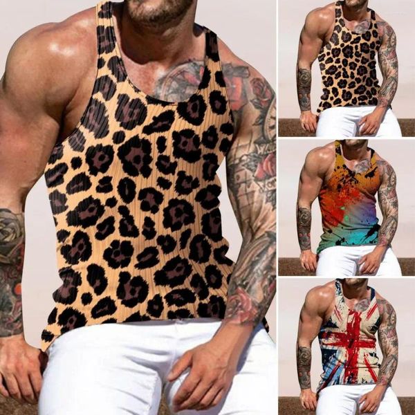Regatas masculinas atléticas lazer colorido tie-dye leopardo impressão colete de verão fino ajuste o pescoço superior para ginásio fitness macio elástico