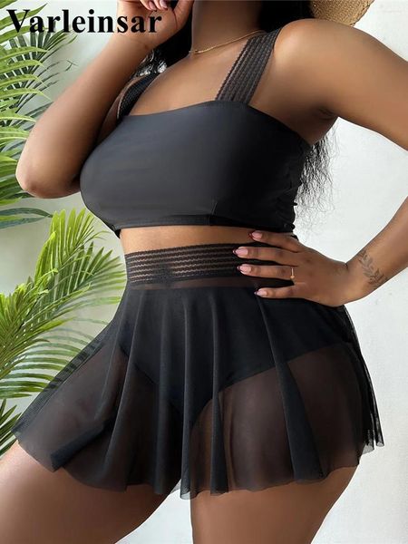 Maiô feminino 0xl - 4xl com saia biquíni plus size grande maiô feminino conjunto de três peças banhista v3952