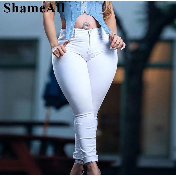 Plus Size High Waist Sexy Skinny White Basic Casual Jeans 4XL Bodycon Slim Straight Pencil Denim Hosen Lady Indie Hose Jean 240202