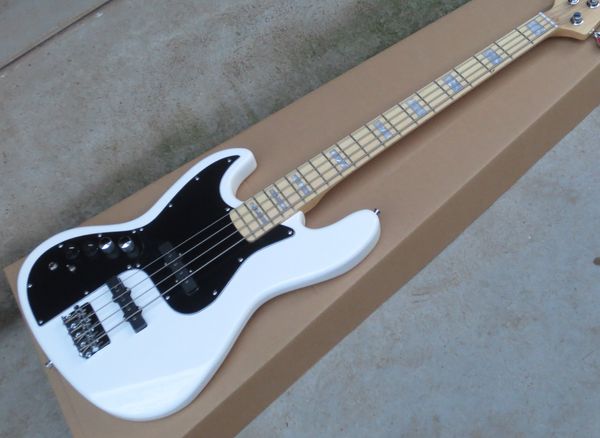 Weißer 4-saitiger Miller Signature Jazz-E-Bass für Linkshänder, Griffbrett aus Lindenholz, Griffbrett aus Ahorn