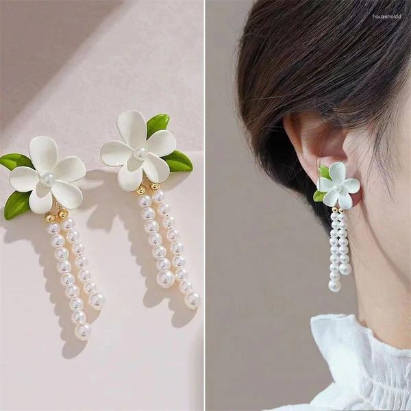 Ohrstecker Asymmetrische Gardenia Blume Perle Quaste Für Frauen 2024 Elegante Blätter Ohrring Modeschmuck Großhandel