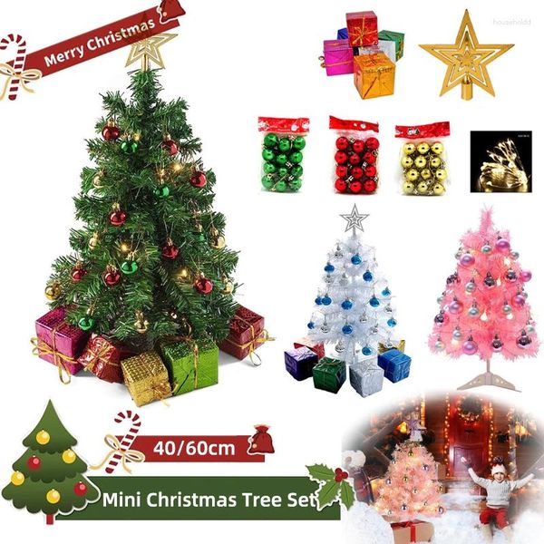 Weihnachtsdekorationen, 45 cm/60 cm, kleines Desktop-Baum-Set, weiße grüne Tanne mit Ornamenten, Bürodekoration, Festival-Partyzubehör