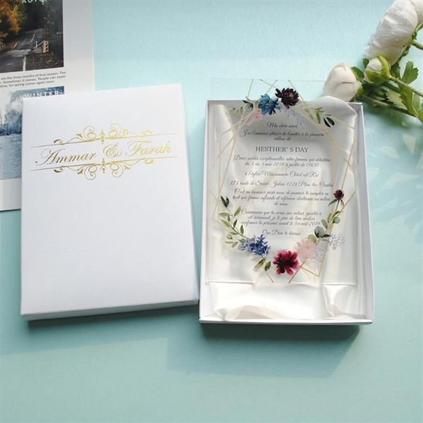 Cartão acrílico com impressão colorida personalizada, cartão de convite de casamento, ouro transparente, folhas 1225S