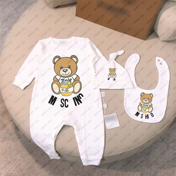 Designer Neugeborenes Baby Strampler Säugling Babys Kleidung Set Jungen Bodysuit Druck Bär Strampler Mädchen Overall Lätzchen Mütze Outfits Set 0-24 Monate CSD2402031-8