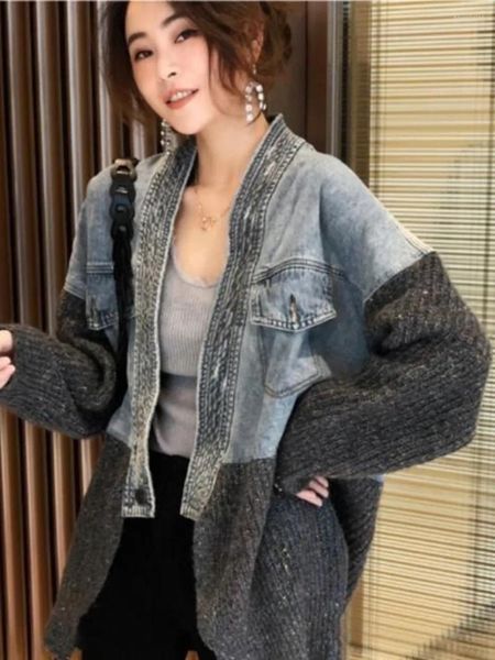 Malhas femininas jean jaqueta feminina denim jaquetas de malha retalhos 2024 primavera outono coreano juventude rua malha cardigan
