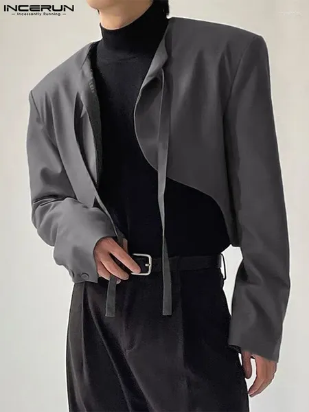 Мужские костюмы INCERUN, мужской пиджак нестандартной формы, однотонный однотонный пиджак на шнуровке с длинным рукавом и открытой строчкой, уличная одежда, укороченный стиль 2024, модные тонкие пальто, S-5XL