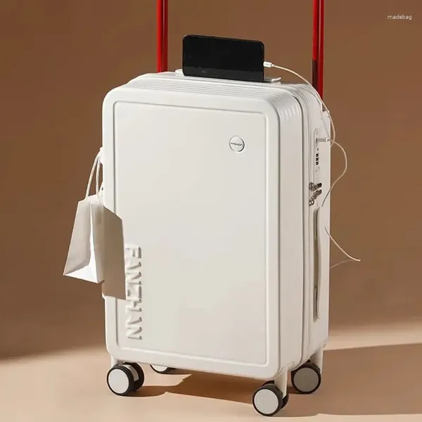Чемоданы 2024, студенческий широкий чемодан на тележке, внешний USB-порт для зарядки, складной подстаканник, боковой крючок, комбинированный замок для посадки