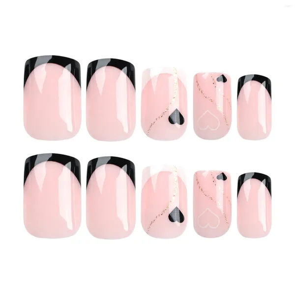 Unhas falsas rosa falsas com ponta preta e branca, pontas de unhas artificiais quadradas para amantes de manicure e blogueiros de beleza