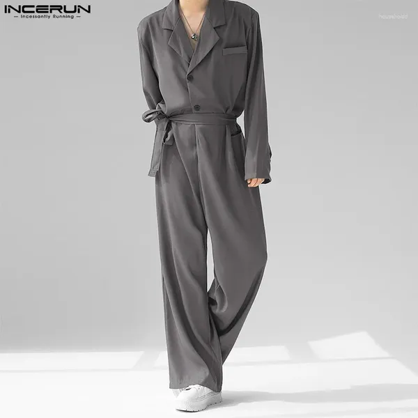 Pantaloni da uomo INCERUN Tute da uomo Tinta unita Risvolto Manica lunga Stile coreano Moda Pagliaccetti Streetwear Allentato 2024 Tuta casual S-5XL