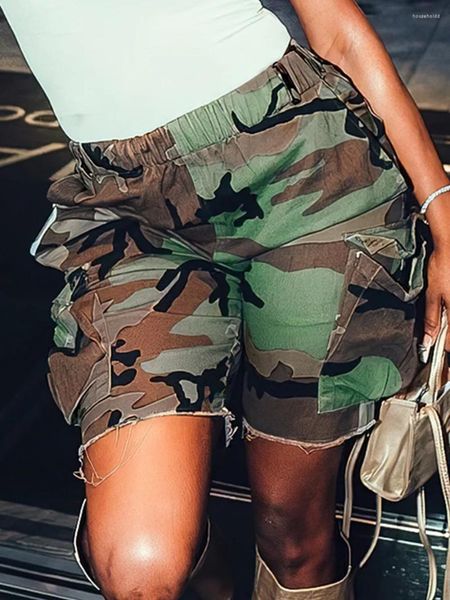 Damen Shorts LW Camo Print Raw Edge Cargo Seitentaschen Elastischer Taillenstich Mehrfarbige Tarnung Trendige Streetwears