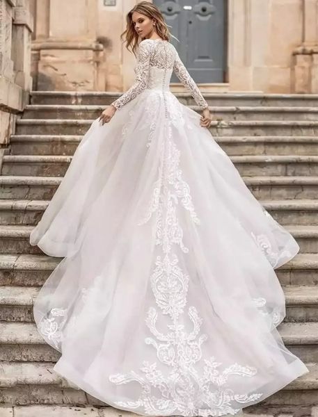 Zarif Dantel Gelinlik Denizkızı Aplike Fildişi Tül Gelin Kristal Boncuklar Gelin Kıyafetleri Sparkly Muhteşem Prenses Çar Dress 403