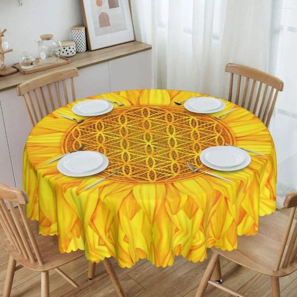 Tischdecke, rund, Blume des Lebens, Sonnenblumen-Tischdecke, wasserdicht, ölbeständig, 152,4 cm, Mandala-Blumen-Heilige Geometrie