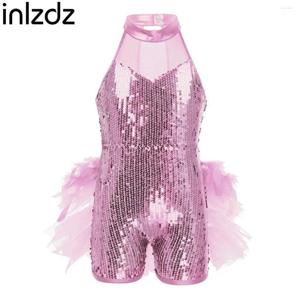 Abiti da ragazza InIzdz Ragazze per bambini Rosa puro senza maniche Paillettes lucide Collo a lupetto Balletto di danza con piume 1 pezzo Body in rete Costume