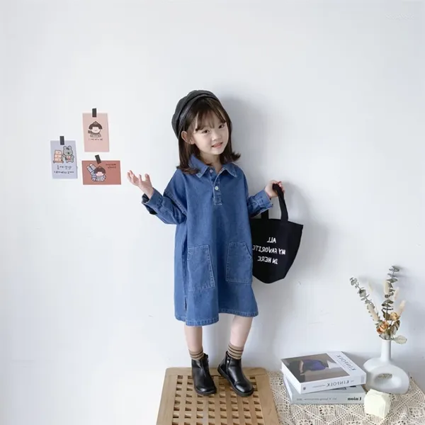 Платья для девочек, платье для девочек, весенне-осеннее однотонное джинсовое платье с длинными рукавами, повседневная детская одежда с свободными карманами для малышей, корейский стиль, От 2 до 6 лет