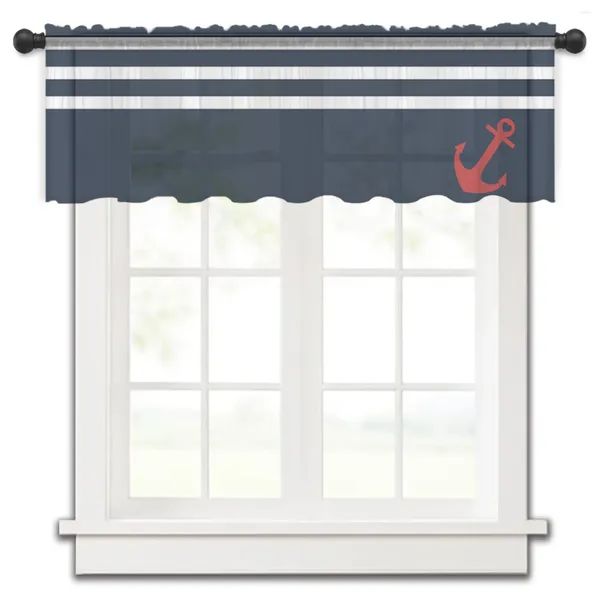 Cortina azul marinho listra âncora simples pequena janela valance sheer quarto curto decoração de casa voile cortinas