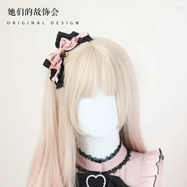 Partyzubehör, Lolita-Zubehör, Mädchen, rosa, schwarze Schleife, Haarnadel, japanische süße Spitze, handgefertigte Kopfbedeckung, Kawaii