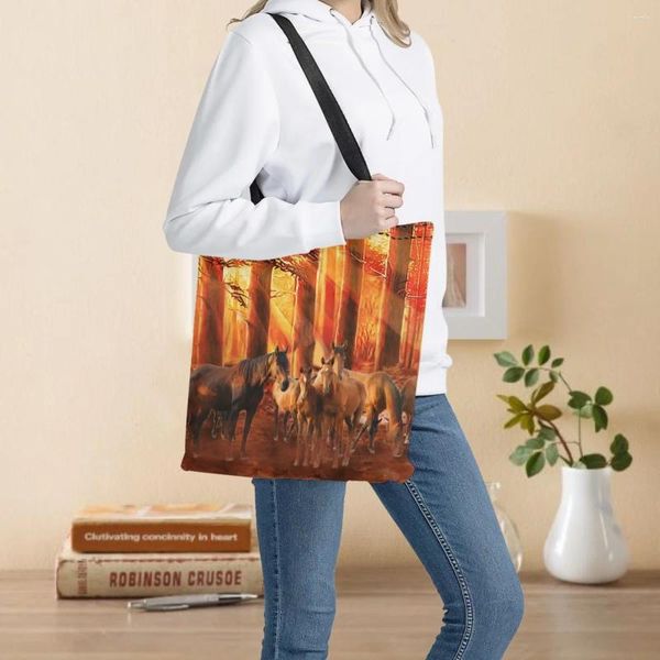 Сумки для покупок Crazy Horse 3D Animal для женщин Складная многоразовая дорожная двухсторонняя сумка для хранения с принтом для девочек Школьная сумка на плечо 2024