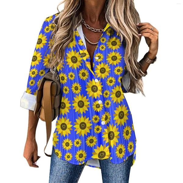 Blusas femininas girassol amor blusa feminina flores amarelas impressão rua moda solta outono manga longa na moda camisa padrão topo