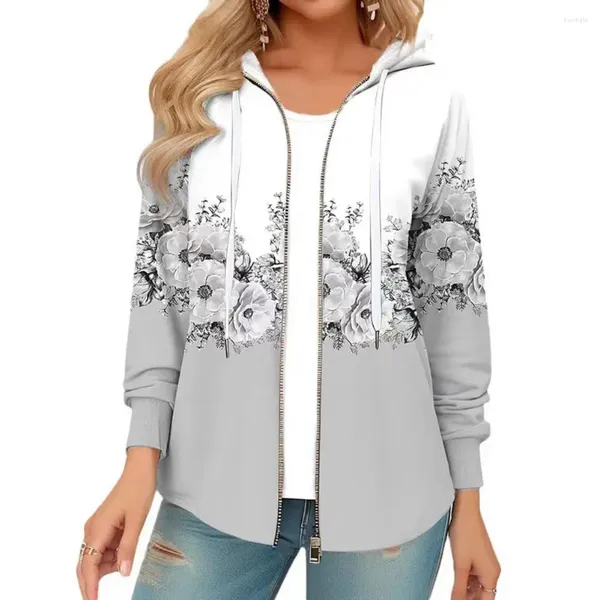 Damen Hoodies Herbst Winter Kapuzenmantel Frauen Blumendruck Reißverschluss Langarm Sweatshirt Kordelzug Elastische Manschette Lady Jacke Hoodie