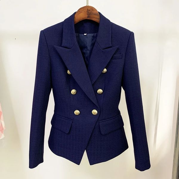 High street est clássico moda jaqueta feminina prata leão botões duplo breasted fino ajuste texturizado linha de algodão blazer 240202