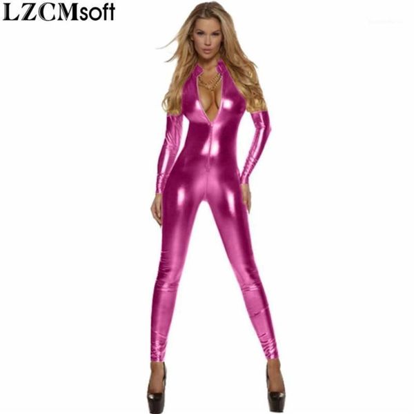 Catsuit kostümleri LZCMSoft Kadın Tam Vücut Unitard Siyah Bodysuit Uzun Kollu Lycra Altın Ön Zip Bultlenek Metalik Zentai Bodys251f