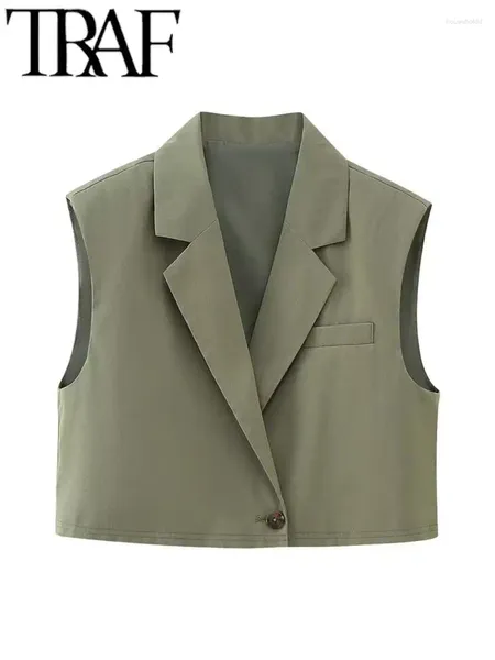 Gilet da donna TRAF Giacca da donna Gilet Colletto rovesciato Bottone singolo Senza maniche Slim Office Lady Gilet femminile Crop Top 2024 Autunno