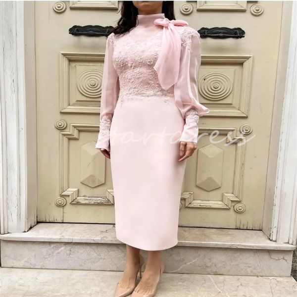 Gracioso rosa curto vestidos de noite com renda alta pescoço manga longa chá comprimento vestido de baile com arco elegante bainha vestido de cocktail ocasião formal roupa de recepção 2024