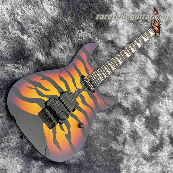 Auf Lager George Lynch Tiger Stripe Sunburst Purple Red Yellow E-Gitarre Ebenholzgriffbrett, Dot Inlay, Floyd Rose Tremolo Bridge, Whammy Bar, schwarze Hardware