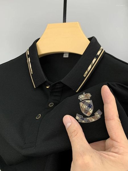 Polos masculinos marca bordada polo camisa de manga curta homens tendência de verão casual solto lapela t-shirt de alta qualidade algodão respirável paul