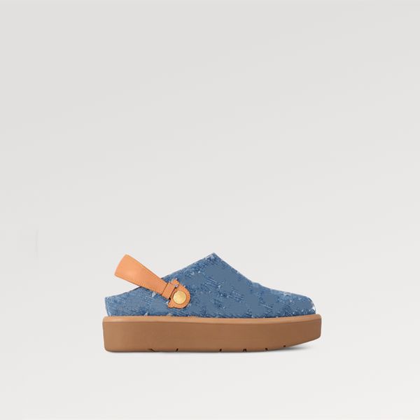 Explosion Neue Frauen-Aspen-Plattform Clog 1ACMR5 Blue Denim Gravaved Press-Studs Removable Rückengurt Gold-Tone-Bolzen Gummi-Außensohle Luxusdesigner mit Box