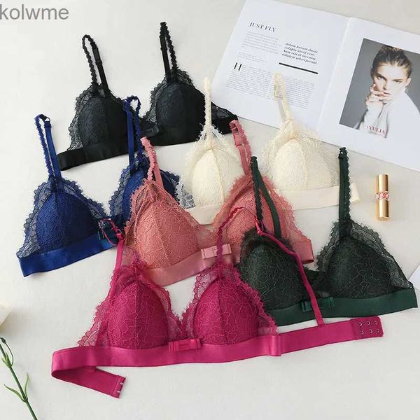 Sutiãs mulheres sem costura roupa interior profunda v meninas fino estilo francês bralette renda sem fio triângulo copo lingerie feminina sutiã macio yq240203