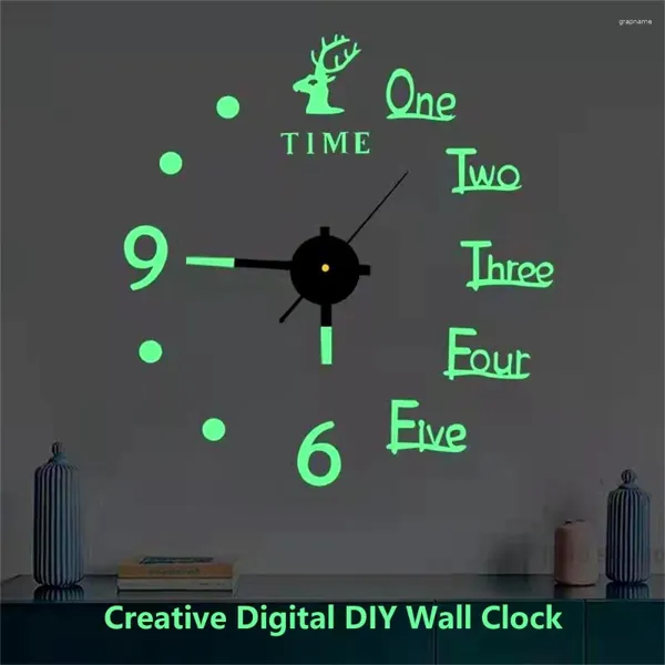 Relógios de parede criativo alce pendurado relógio simples luminoso mudo diy estéreo digital sala de estar quarto decroation